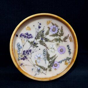 Glittery Gold Resin Tray With Pressed Dried Purple Wildflowers Floral Flexible